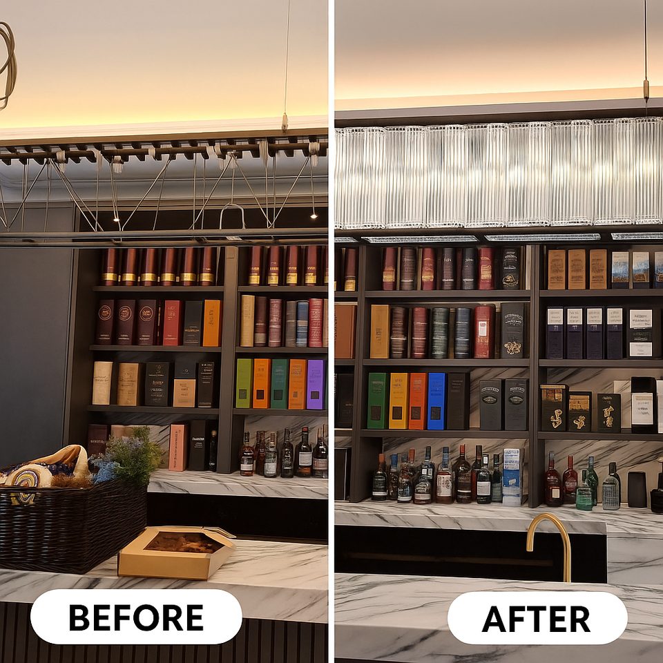 Back bar lighting and shelving — before and after